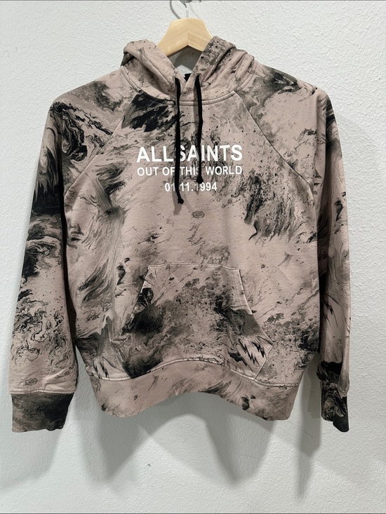 All Saints Tops - All Saints Out of This World Women's Marble-Print Crewneck Hoodie Taupe & Black